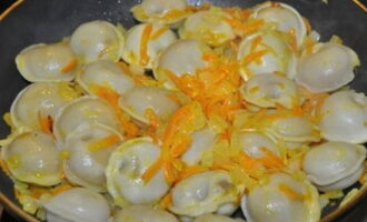 Mix dumplings with onions and carrots.