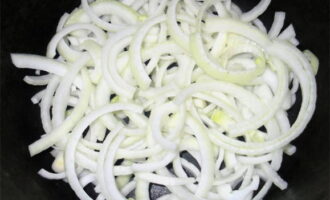 Cut the onion into half rings. Pour vegetable oil into the cauldron and add 1/3 of the onion.