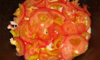 Next, add a layer of 1/3 of the tomatoes cut into slices.