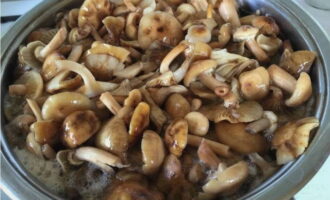 How to cook fried potatoes with honey mushrooms? Boil the peeled and washed mushrooms for 10 minutes in water with added salt and drain in a colander to drain all the liquid.