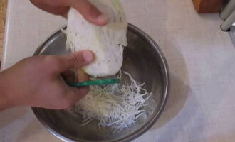 Grate the carrots, cut the onion into small cubes, and chop the cabbage very thinly.