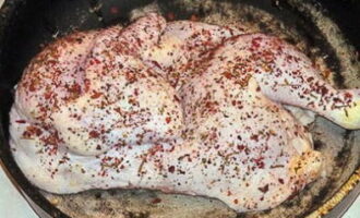 Coat the prepared carcass with salt, ground pepper and adjika. Place in a greased baking dish and leave for 10 minutes.