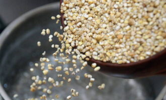 Coloque o cereal preparado em água fervente. Também adicionamos óleo vegetal aqui. Cozinhe até ficar pronto por 20 minutos.