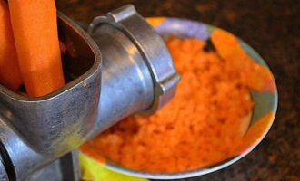 Pelar las zanahorias, lavarlas y triturarlas en una picadora de carne. Picar también los champiñones.