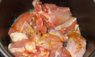 Place the rabbit pieces into the hot oil, close the lid, and cook for fifteen minutes. Then turn the pieces over to the other side, close the lid and cook for another ten minutes.