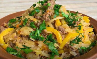 Taste the cooked stewed cabbage with minced meat and place it into portioned plates. Decorate them with fresh herbs.