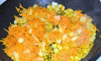 Fry chopped onions and carrots in vegetable oil until soft.