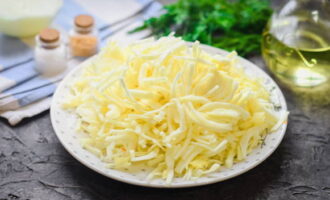 Wash the cabbage and chop into thin strips.