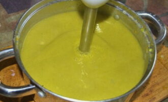 Remove the pan from the heat and puree the soup with a blender.