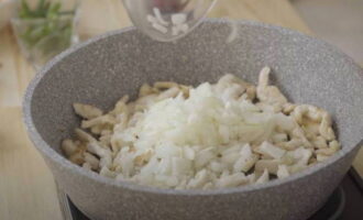 Fry the ginger in a frying pan for flavor, then add the chicken and after 5 minutes the onion.