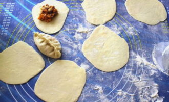 Divide the finished dough into 16 equal parts. Roll them out thinly into thin circles. Place a little filling in the center of each.