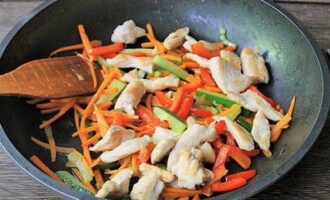 Combine chicken and vegetables in one pan.