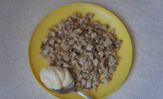 Place half the chicken pieces on a plate and coat them with mayonnaise.