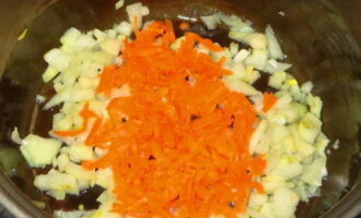 In a multibowl on the Frying program, heat three tablespoons of vegetable oil well and put chopped onions in it. Grind the carrots on a coarse grater, add to the onion and fry the vegetables while stirring with a spatula for 5 minutes.