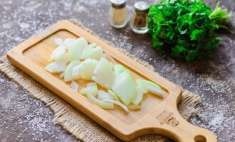 Cut the onion into half rings. Chop the garlic in any convenient way.