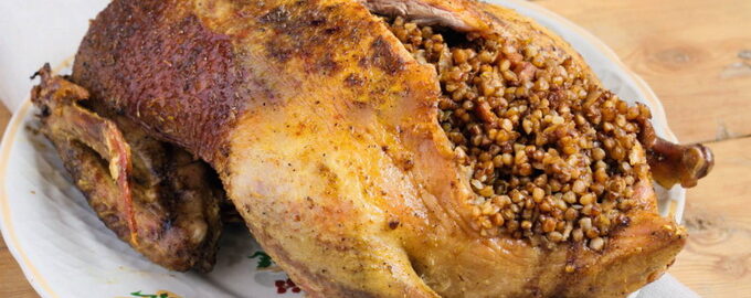 Duck with buckwheat in the oven