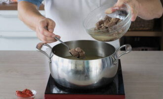 Boil the broth again and add rice and chopped beef to it. Salt to taste, cook for 10 minutes and add tomato paste.