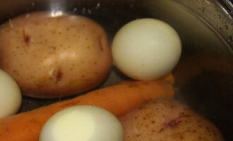 Boil potatoes, carrots and eggs, peel and also cut into cubes.