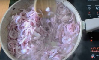 During this time, peel the onion and chop it into thin quarter rings. Heat the vegetable oil in a frying pan and fry the onion in it until soft and stirring occasionally.