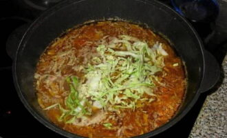 Cook the lagman until the potatoes are ready. Then add cabbage.