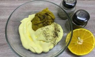 For dressing: in a deep bowl, mix mayonnaise, mustard, salt, ground pepper and lemon juice.