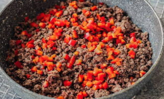 We clear the sweet peppers from the partitions with seeds, wash them and cut them into small cubes. Transfer them to the minced meat, mix and fry for another 5 minutes.