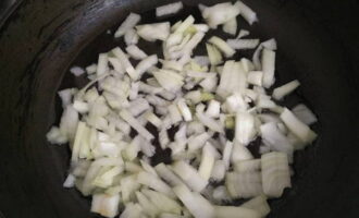 Sauté the onion pieces in hot vegetable oil for three minutes.