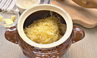 Cover the contents of the pot with grated hard cheese.