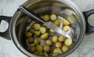 O kholodnik clássico é muito simples de preparar. Lave previamente os pequenos tubérculos da batata jovem com um pincel, ferva-os sem retirar a casca e deixe esfriar completamente. Em seguida, corte-os ao meio e coloque-os em um recipiente refrigerado.