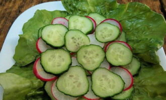 Leaves of any salad are placed on a serving plate.