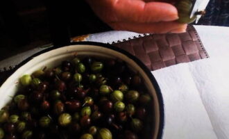 La mermelada de grosella espinosa de cinco minutos para el invierno es muy fácil de preparar. Para la mermelada, elija grosellas verdes de cualquier color o tome una mezcla de bayas. Con unas tijeras afiladas, retire los extremos de cada baya. Luego enjuague bien las grosellas con agua fría y sacuda el exceso de líquido en un colador.