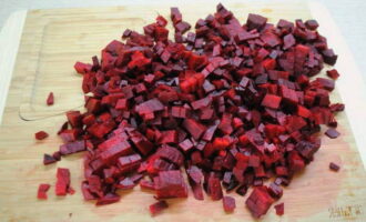 Then cut the peeled beets into small cubes.