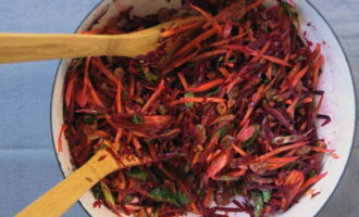 Transfira as beterrabas e as cenouras preparadas para uma saladeira. Adicione-lhes passas douradas lavadas em qualquer quantidade. Em seguida, despeje o molho picante de mel sobre a salada e misture tudo com cuidado. Adicione folhas de hortelã à salada para um sabor fresco. Deixe a salada por 1 a 2 horas em temperatura ambiente para que os vegetais liberem o suco e fiquem saturados com o aroma dos temperos.