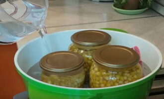 Cover the jars with lids and place in a large saucepan for sterilization, covering the bottom with a towel. Fill the jars with hot water to the level of the hangers and bring to a boil over medium heat.