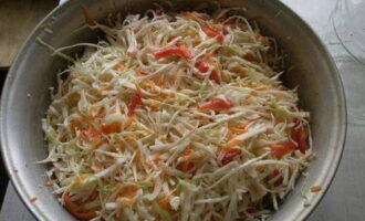 Place chopped onions, peppers and grated carrots into a bowl with the cabbage. Then sprinkle the chopped vegetables with salt and sugar, pour in vinegar and vegetable oil and simply mix with your hands. Give vegetables 1 hour to infuse and marinate.