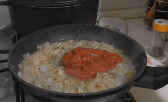 Add 2 tablespoons of tomato paste to the onion fried with garlic, stir and simmer for 5 minutes.