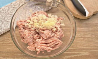 Place 350 grams of minced meat in a deep bowl. Chop the peeled onion. Send to the minced meat.