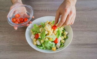 Regue com o molho restante. Decore com metades de tomate e ovos, polvilhe com lascas de queijo. Monte a salada logo antes de servir para que os croutons não fiquem encharcados e percam a crocância. A salada com croutons está pronta! Trate seus entes queridos. Bom apetite!