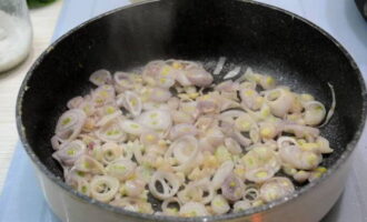 Cut the onion into thin half rings. Pour a portion of oil into a frying pan and fry the onion in it until golden brown. Then add a mixture of frozen vegetables to the onion, and fry everything over medium heat for 4-5 minutes.