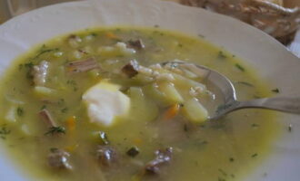 Ang Leningrad rassolnik na may perlas na barley ayon sa klasikong recipe ay handa na. Ibuhos sa mga plato, magdagdag ng kulay-gatas at maglingkod na may itim na tinapay!