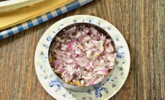 Sbucciare la cipolla rossa e tagliarla a cubetti. Se lo si desidera, versare sopra acqua bollente per eliminare le spezie in eccesso. Cospargere il cibo in scatola.