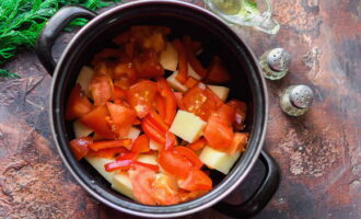 Private il peperone del gambo e del torsolo e tagliatelo a pezzetti a piacere. Tritare grossolanamente i pomodori. Metti le verdure in una casseruola.