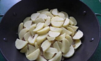 Cover the layer of peppers with potato wedges. Salt to taste.