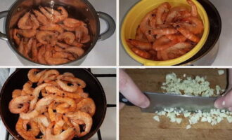 Then rinse them well in cold water, place in a colander and leave to drain all the liquid. Fry the prepared shrimp over high heat in a dry, heated frying pan until the liquid has completely evaporated. Immediately peel and finely chop the garlic cloves.