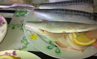 Sprinkle the prepared mackerel outside and inside with salt and seasoning. Place chopped onion with lemon slices in the belly of the mackerel.