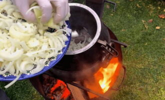 Peel, rinse and chop vegetables (carrots and onions) in advance. Add chopped onion to the fried lamb and fry for 5 minutes.