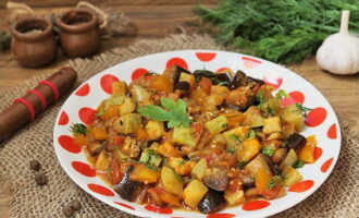 Meatless dinner is ready! Place the delicious stew on plates and garnish with herbs. Bon appetit!