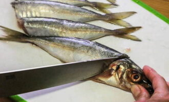 O peixe deve ser limpo e depois enxaguado por dentro e por fora. Certifique-se de remover as cabeças e caudas. Em seguida, esfregue as carcaças com sal e especiarias.