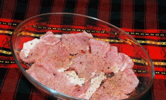 Das Fleisch in eine mit Pflanzenöl bestrichene Auflaufform geben. Mit Salz und Gewürzen bestreuen.