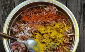 Season the minced meat by adding turmeric, paprika, salt, ground pepper and coriander.